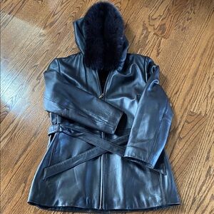 Marvin Richards Brown Leather Hooded Coat with Fur Trim